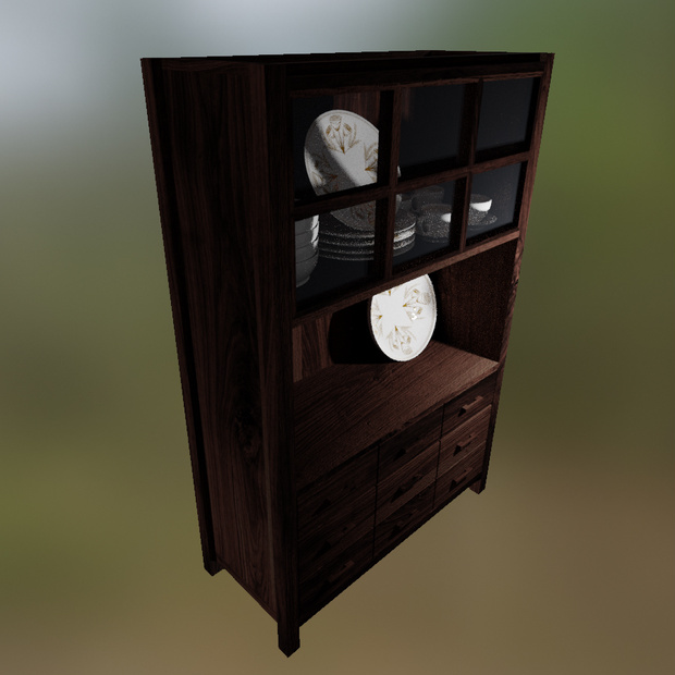 Buffet Furniture Wood Kitchen Dining Room Woodworking Dish Bowl Plate Cup Coffee Tea Saucer Golden Ceramic 3D Blender FBX VRCHAT PROP