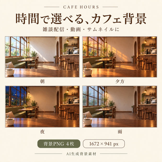 【背景素材4枚】CAFE HOURS｜朝・夕方・夜・雨のカフェ｜配信・動画向け