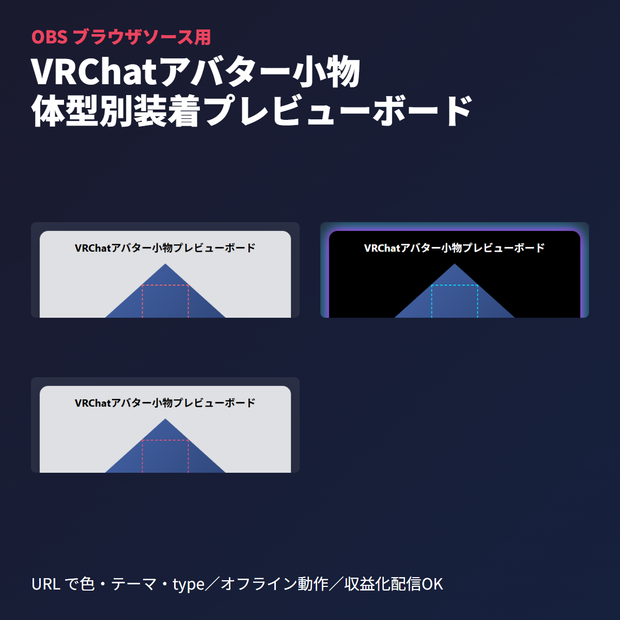 VRChatアバター小物｜体型別装着プレビューボード｜OBSブラウザソース