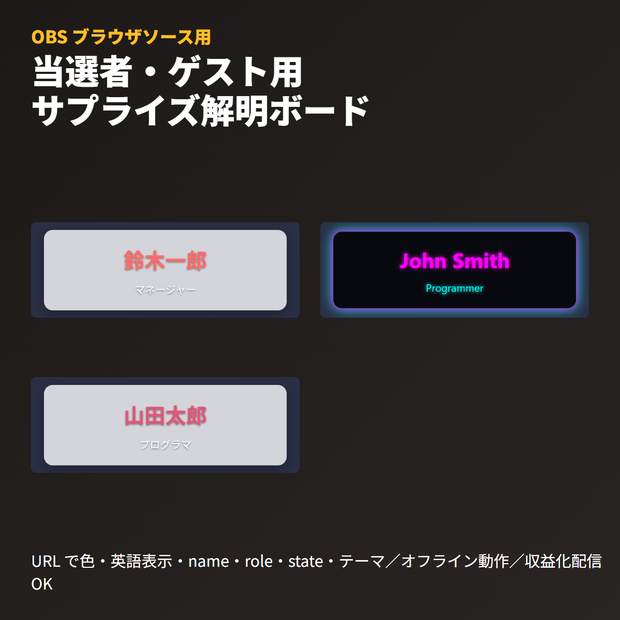 サプライズ名前解明ボード｜OBSブラウザソース｜当選発表用