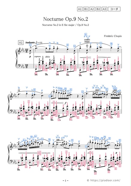 ノクターン Op.9-2（ドレミ楽譜・全指番号楽譜・テクニック楽譜・表現楽譜・分析楽譜）