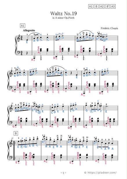 Waltz No.19 in A minor Sheet Music For Piano (With Letters / With Finger  Numbers)