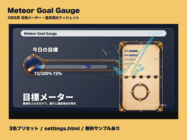 【OBS素材】Meteor Goal Gauge - OBS用 目標メーター・達成演出ウィジェット