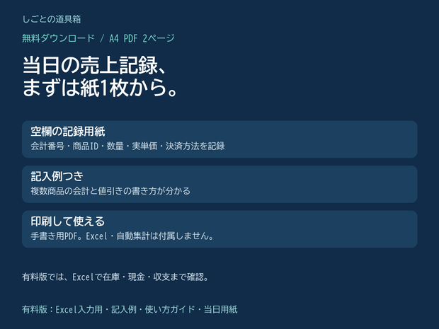 【無料PDF】マルシェ・出店の売上記録用紙｜記入例つき・A4 2ページ
