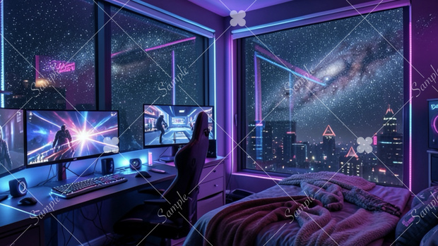 【AI生成素材】サイバーパンクなゲーミングルーム配信背景 16:9（近未来・宇宙）豪華5色セット