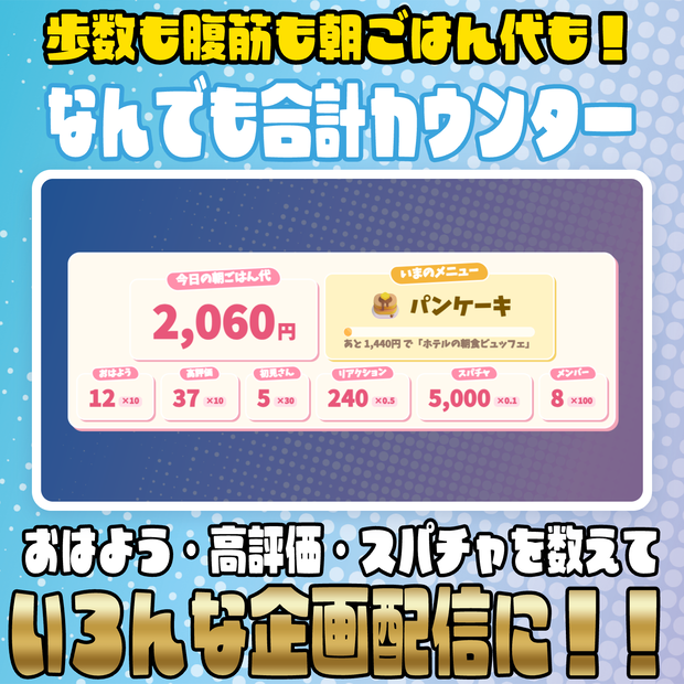 【リリース開始セール中!!~10/5まで】歩数も腹筋も朝ごはん代も！なんでも合計カウンター【わんコメテンプレート】
