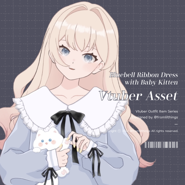 [Live2Dアイテム] Rigged Bluebell Ribbon Dress with Baby Kitten, Live2D asset, VTuber Item, Live2D Item, Vtuber Asset, Vtuber Outfit Asset, Vtuber Cat Item