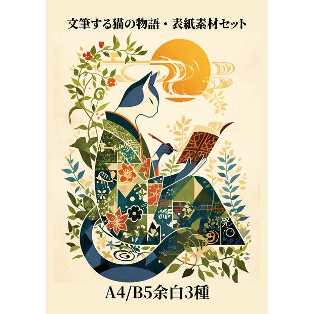 文筆する猫の物語｜和風ファンタジー同人誌表紙素材セット｜A4/B5 余白3種