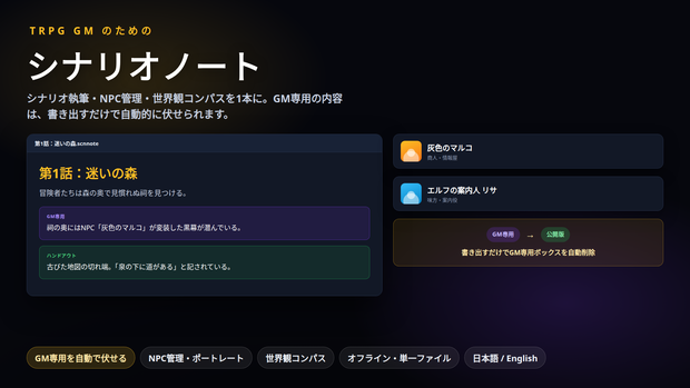 【TRPG】シナリオノート｜GM専用を自動で伏せて公開版を書き出し・NPC管理・世界観コンパス・オフライン・日英・登録不要