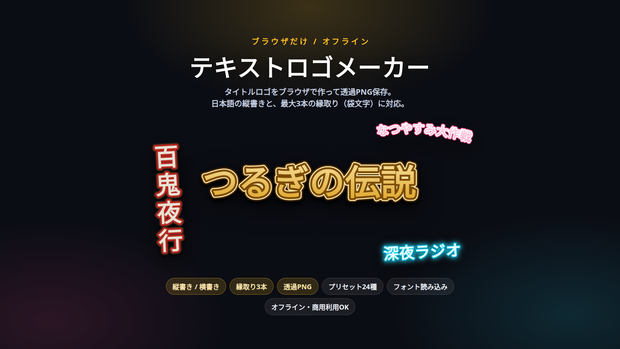 テキストロゴメーカー｜縦書き・袋文字のタイトルロゴをブラウザで作って透過PNG保存｜縁取り3本・プリセット24種・フォント読み込み・ソフト不要・Win&Mac・オフライン