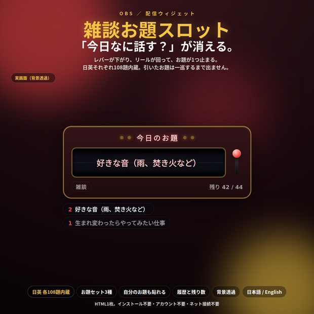 【配信】雑談お題スロット 〜今日なに話す？が消える〜【日英108題内蔵】｜自分のお題も貼れる・一巡するまで重複なし・履歴つき・OBS透過・登録不要・無料版あり