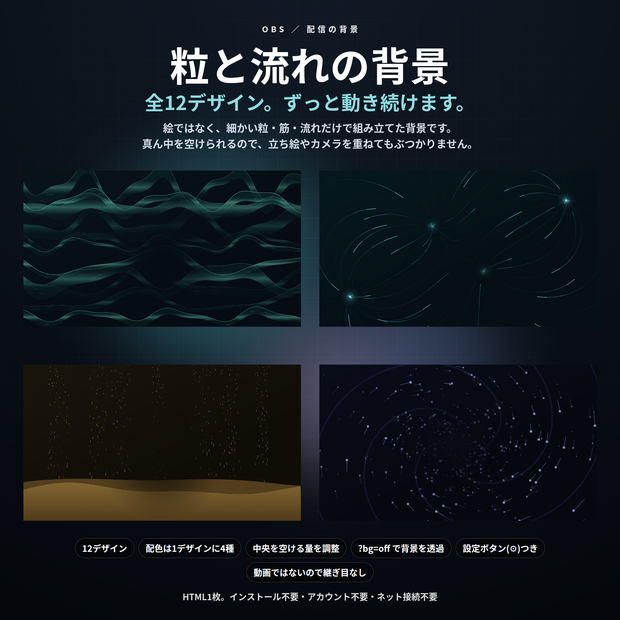 【配信】粒と流れの背景 12デザイン｜降る粒・昇る泡・火の粉・渦・光の筋・流れる砂｜真ん中を空けられるので立ち絵と重ねられる｜動画ではないので継ぎ目なし・軽い・設定ボタン(⚙)つき・登録不要
