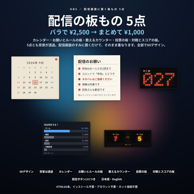 【配信】板もの5点セット｜バラで¥2,500→¥1,000｜カレンダー・お願いとルールの板・数えるカウンター・投票の板・対戦とスコアの板 60デザイン｜背景透過・OBS用・設定ボタン(⚙)つき・登録不要