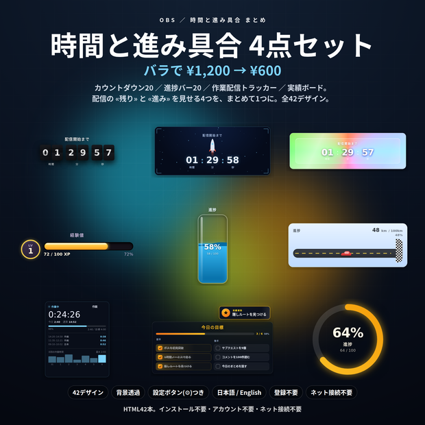 【配信】時間と進み具合まとめ 4点セット 42デザイン｜バラで¥1,200→¥600｜カウントダウン20種・進捗バー20種・作業配信トラッカー・実績ボード｜OBS用・背景透過・設定ボタン(⚙)つき・登録不要