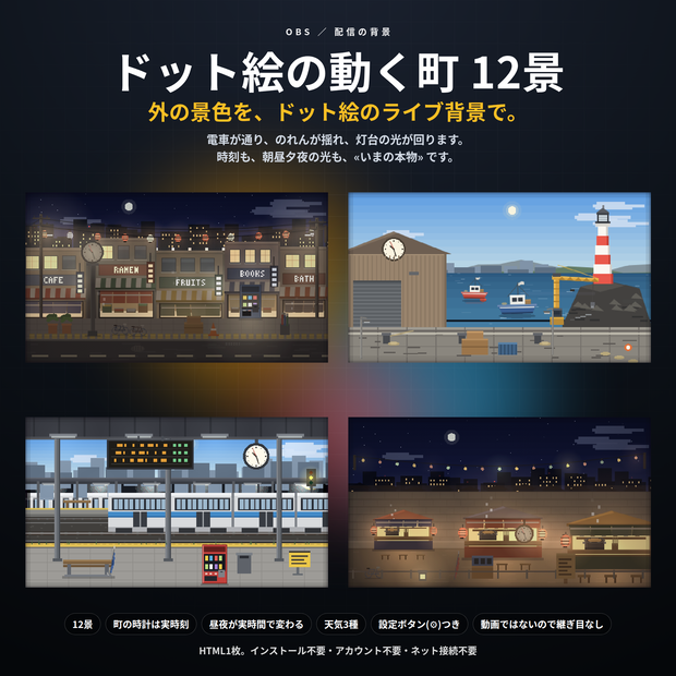 【配信】ドット絵の動く町 12景｜ドット絵のライブ背景（外の景色）｜商店街・駅のホーム・港と灯台・屋台・高架下・団地ほか｜町の時計は実時刻・昼夜が実時間で変わる・動画ではないので軽い・登録不要
