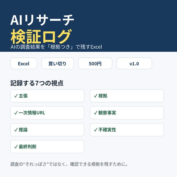 AIリサーチ検証ログ v1.0｜AIの調査結果を根拠つきで残すExcel