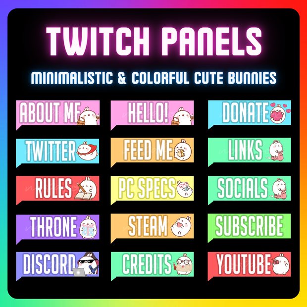 15x Cute Rainbow Bunny Rabbit Panels for Twitch