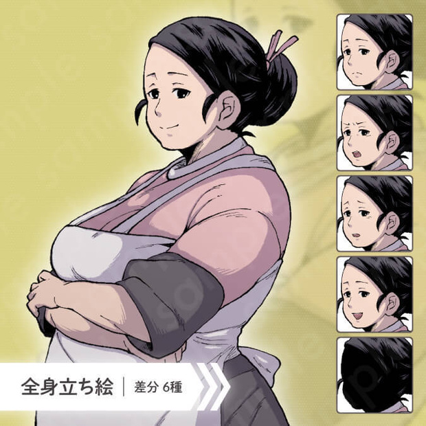 【ペン画立ち絵素材】母や女将のような、ふくよかな40代〜50代女性のイラスト・現代・エプロン・差分6種