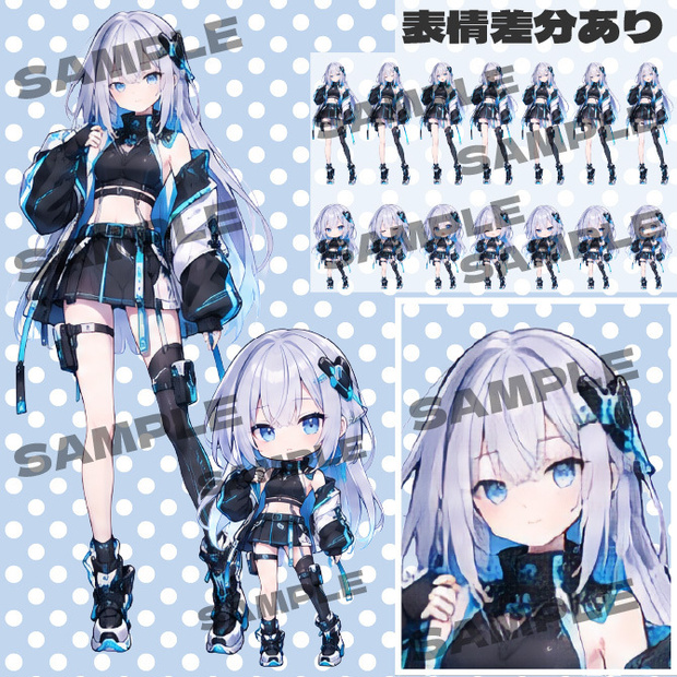 【バラ売りあり/商用利用可】サイバーな女の子 通常＋デフォルメキャラクター立ち絵素材 ミニキャラ ちびキャラ 表情差分あり