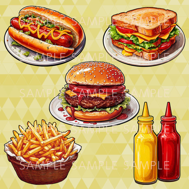 【透過PNG素材】アメリカンフードセット【ばら売り】