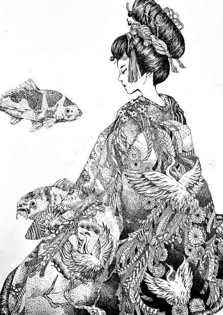 花魁鉛筆画 原画販売 - 美術品