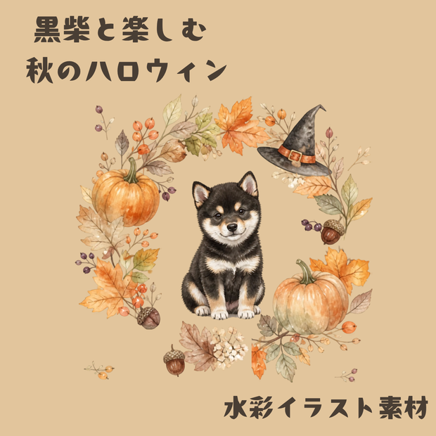 【黒柴×ハロウィン】秋色の水彩イラスト素材｜柴犬・かぼちゃ・魔女帽子
