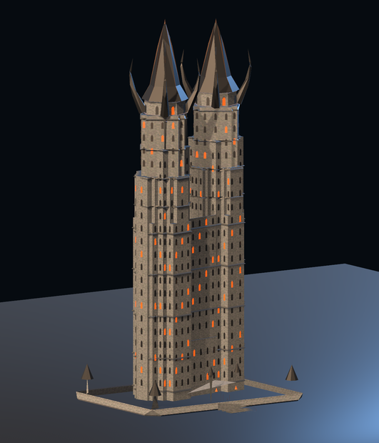 【無料】黒曜の双冠城 — 軽量サンプル【GLB・3D背景モデル】