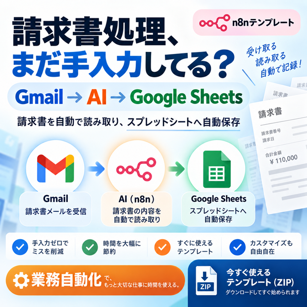 【n8nテンプレート】AI請求書処理自動化｜Gmail→AI読取→Google Sheetsへ自動保存