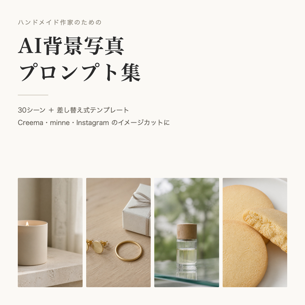 AI背景写真プロンプト集 30シーン｜ハンドメイド・雑貨の商品撮影に｜Creema・minne対応