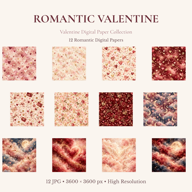 バレンタイン デジタルペーパー 12枚｜Romantic Valentine｜ハート・天使・ローズ背景素材