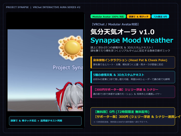 【VRChat / MA対応】気分天気オーラ v1.0 [無料配布 / 5種感情・文字演出・ジェリー浮遊] - Project Synapse
