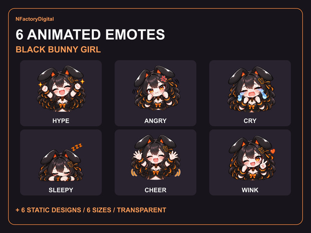Black Bunny Girl Animated Emotes｜6種アニメ＋静止PNG｜Twitch・Discord・Kick対応