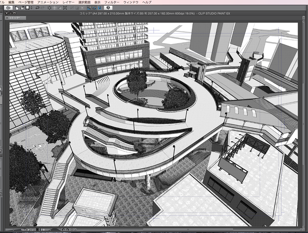 漫画背景用3D素材「空中歩道と駅」（CLIP STUDIO用 3Dオブジェクト.cs3o）