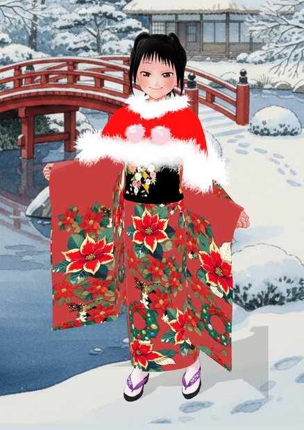 クリスマスケープとポインセチア着物