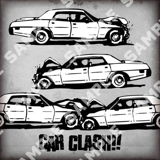 ぶつかるレトロな車のモノクロベクターイラスト素材/ Black vector car crashes and car accident - Side View