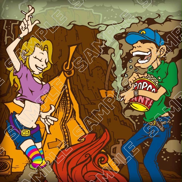 キャンプを楽しむカップルのポップなイラスト-Couple next camping fire and enjoying camping/ vector illustration / Pop cartoon characters