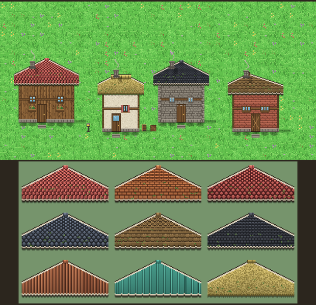 大容量 町・建物のドット絵素材 1650点以上（見下ろし2D／屋根1200枚・家具130種）