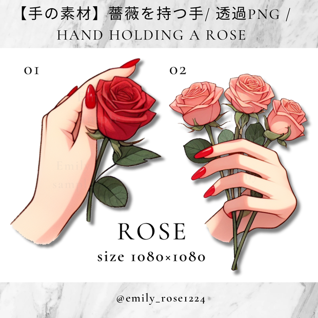 【薔薇・手の素材】薔薇を持つ手/ 透過PNG / Hand holding a rose