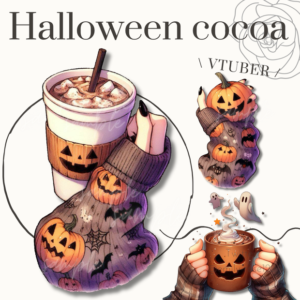 【カフェ素材】ハロウィンのココアを持つ手/  Halloween cocoa〈全4種〉 ※透過PNG