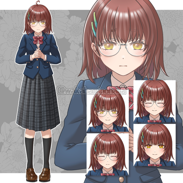 制服姿のメガネの女の子（表情差分4種/メガネなし差分あり）