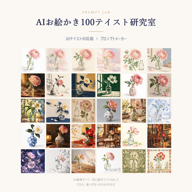 AIイラストのテイスト図鑑 30種｜プロンプト作成アプリ付き