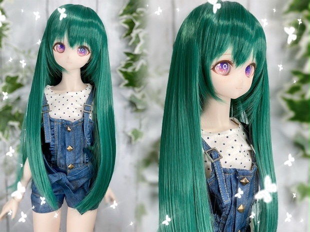 アイシードール本体　ボアウィッグ　アウトフィット　グリーン猫ピエロ ドールウィッグ*ロングヘアー*フォレストグリーン*9～9.5インチ