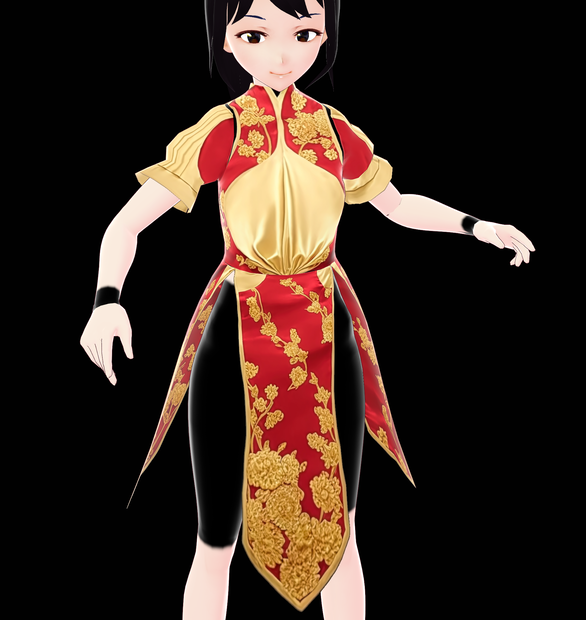 VRoid. Amazing Dress, Cut skirt. Golden red. Floral pattern. HQ.