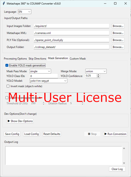 360 MCConverter ( Metashape 360° to COLMAP Converter ( GUI, Windows binary edition ) )  Multi-user license