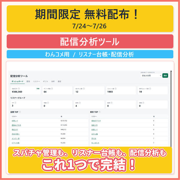 【わんコメ】YouTube用 配信分析ツール【スパチャ集計・リスナー台帳・配信分析】