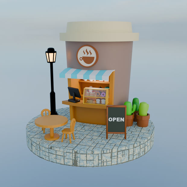 【Blender】 ローポリジオラマ風チルドカップ型カフェ Low-poly diorama style chilled cup type cafe