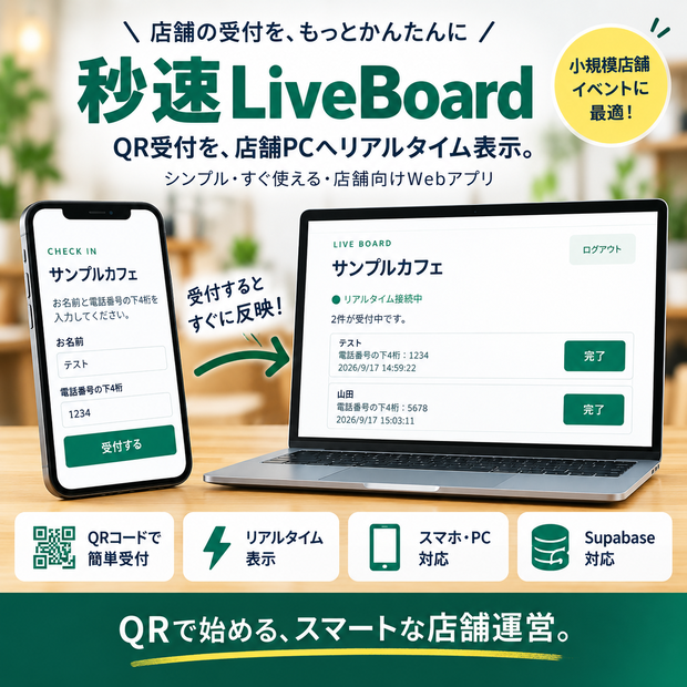 秒速LiveBoard｜QR受付をリアルタイム表示する店舗向け受付ボード【Supabase対応】