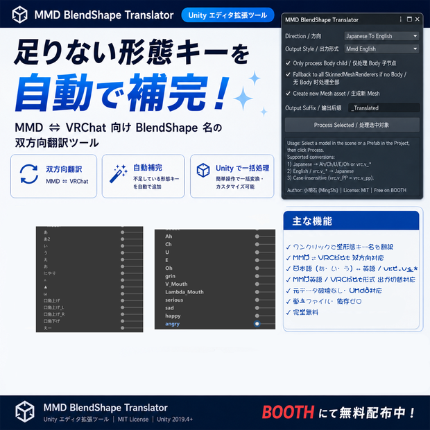 【無料】MMD BlendShape 双向翻译器 / MMD⇄VRChat BlendShape Translator