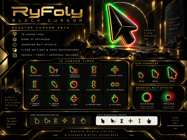 RyFoly BLACK Cursor｜黒×金 Green/Red Aura｜Windows対応マウスカーソル15種