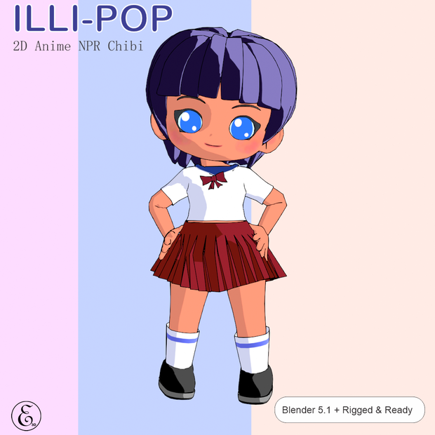 【Blender 3D】 Illi-Pop - 2D NPR Anime Style Chibi Doll / 3Dモデル セルルック ミニキャラ